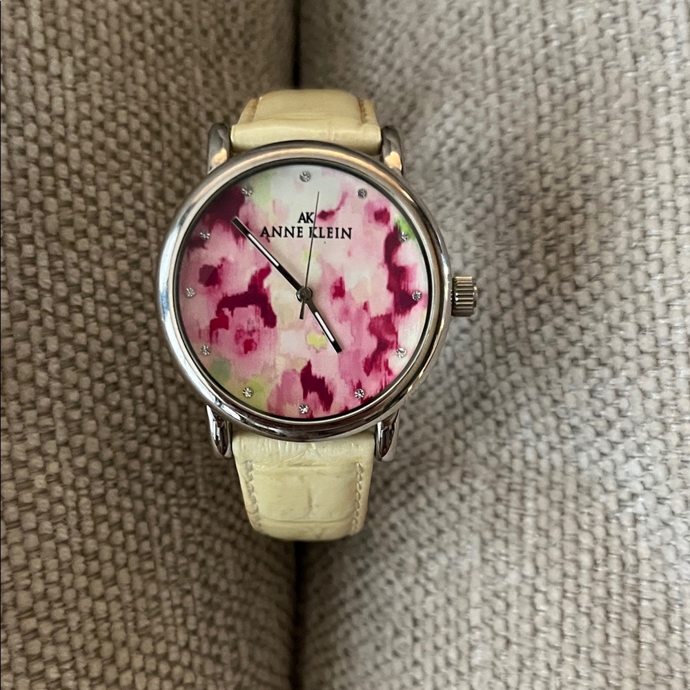 Anne Klein Pink Floral Dial Watch with Cream Strap